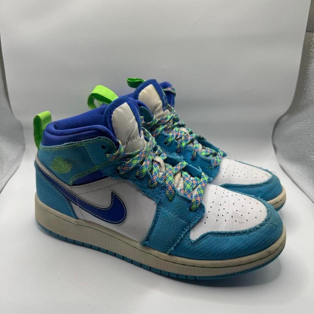 Size 6y women’s size 6-7 Jordan 1 Mid "Blue" sneakers with blue white neon green